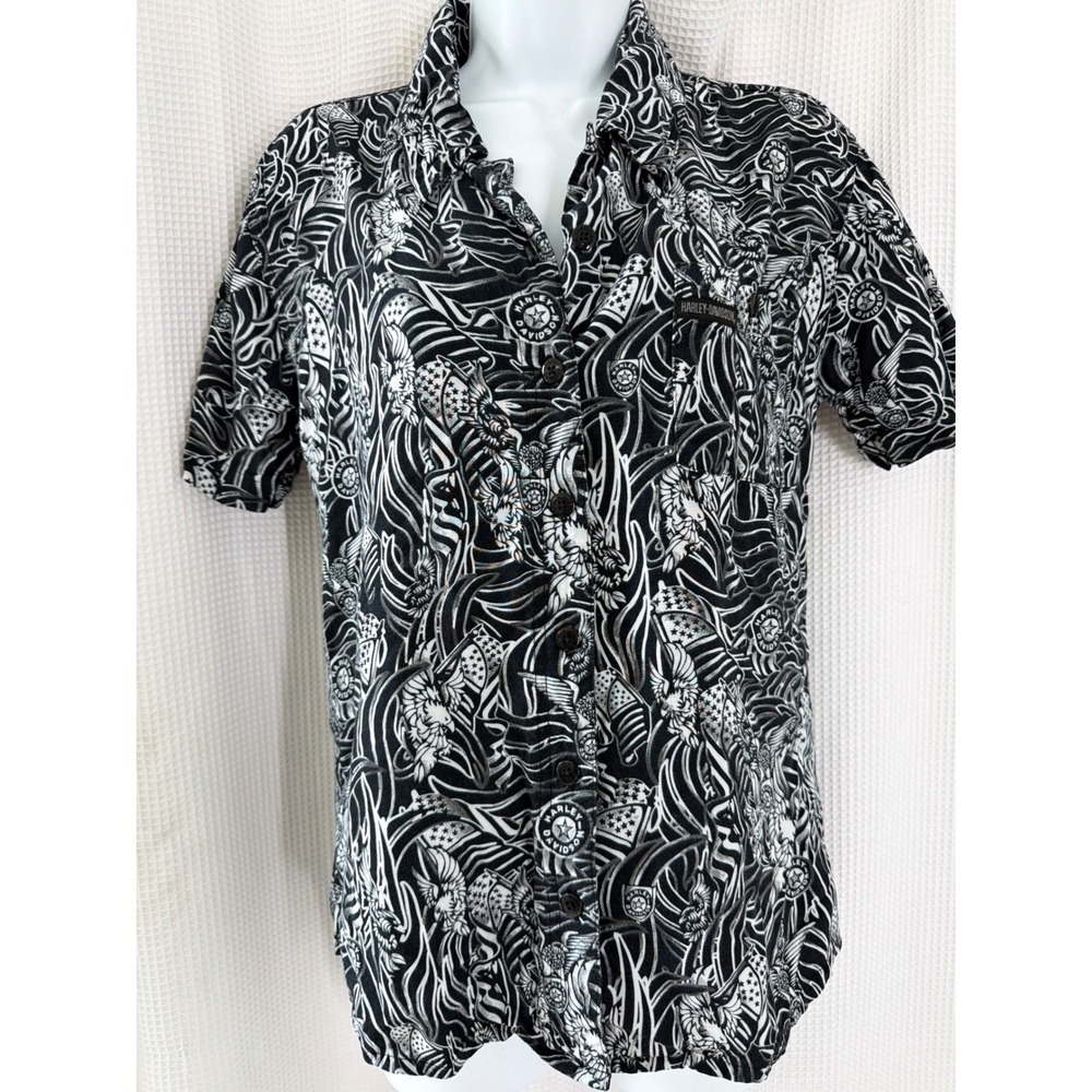 Harley-Davidson Womens Medium Black White Eagle Graphic Rayon Button Up Shirt
